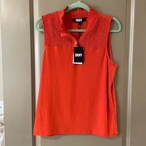 DKNY Orange Smocked Sleeveless Blouse with Mandarin Collar